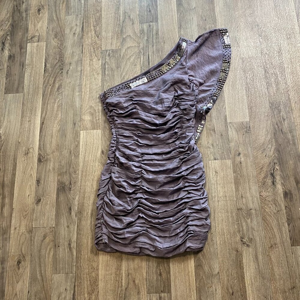 Blanc Noir Ruffled Mini Dress One Shoulder Size Small Purple/Gray